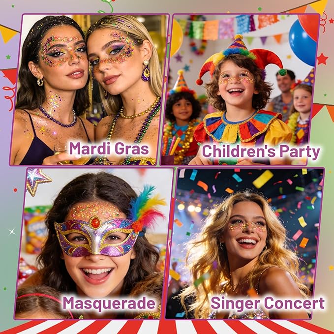 DAGEDA Mardi Gras Gold Body Glitter Stick, Sparkly Face Glitter Makeup, Shimmer Face Paint Stick for Mardi Gras Accessories, Holographic Gold Purple Green Glitters Carnival Outfits for Women