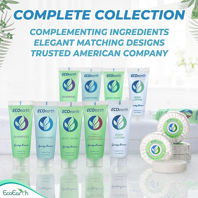 EcoEarth Hotel Toiletries Bundle (Spring Breeze, 1 oz each, 200 Pieces) 4-Piece Set: 50 Round Bar Soap, 50 Shampoo, 50 Conditioner & 50 Body Lotion - Bulk Mini Guest Amenities
