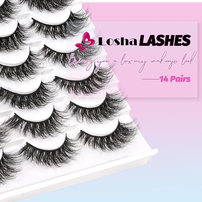 Losha Lashes 14 Pairs Fluffy False Lashes Soft Handmade Fake Eyelashes Vegan Cat Eye Lashes that Like Lash Extensions (P01)