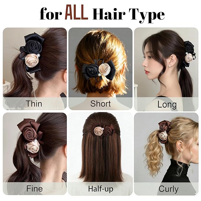 2 Pack Satin Rose Banana Clips for Fine to Medium Hair, Flower Ponytail Holder with Pearl, Non-Slip Vertical Clamp, Vintage French Hair Accessories (Black & Brown)