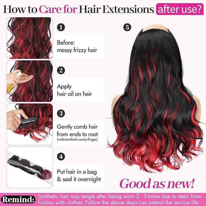 KooKaStyle Clip In Hair Extensions, Natural Long Layered Soft Invisible Synthetic Curly Wavy Hairpieces for Women, 4 pcs (20 Inch,Black Mix Red Highlights)