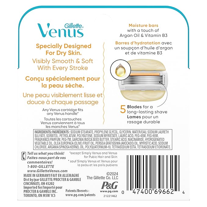Venus MoistureGlide Women's Razor Blades, With Built-in Shave Gel Bars, 4 Razor Blade Refills, Holiday Gifts for Women