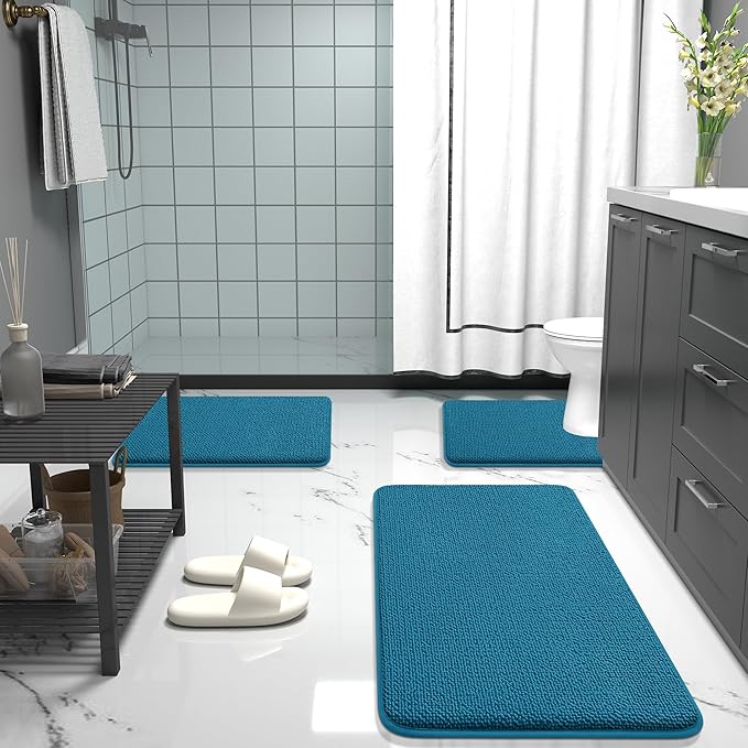 OLANLY Thick Memory Foam Bath Mat Rug 47x17, Extra Soft Absorbent Bathroom Rug, Quick Dry Bath Mat, Non-Slip, Machine Washable Carpet for Bathroom, Tub and Shower, Home Decor Accessories, Peacock Blue