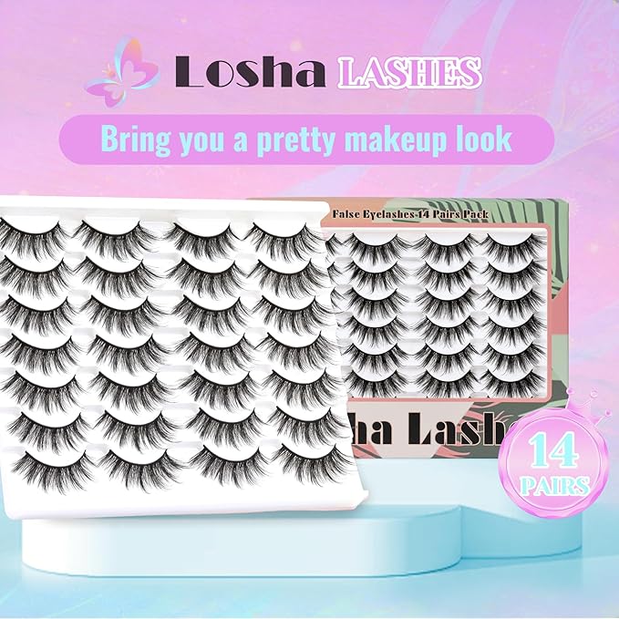 Losha Eyelashes Natural Look Faux Mink Lashes Pack Handmade Fluffy False Eyelashes 14 Pairs Cat Eye Lashes (54)
