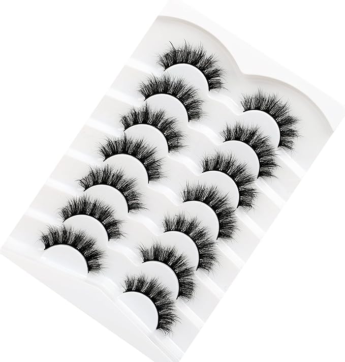 Pooplunch False Eyelashes Round Eye Lashes 8D Volume Fluffy Short Thick Crossed Natural Faux Mink Lashes Fake Eyelash Strips 7 Pairs Pack