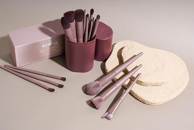 BS-MALL Makeup Brush Set 18 Pcs Premium Synthetic Foundation Powder Concealers Eye shadows Blush Makeup Brushes with black case (D-Brown)