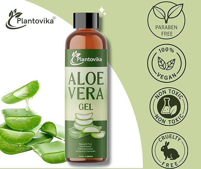 Plantovika Aloe Vera Gel - Natural, Hydrating, Soothing for Face, Skin, Hair, Sunburn - 8 Fl Oz