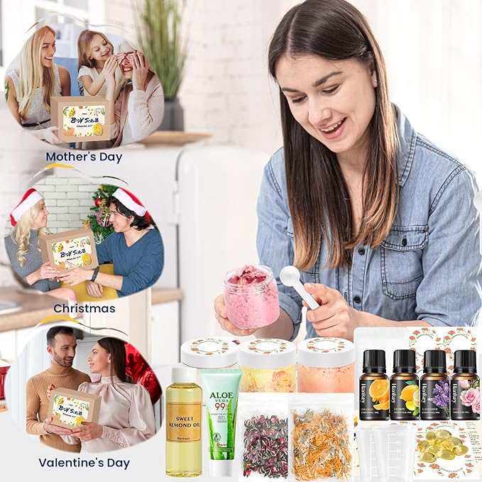 Body Scrub Making Kit- Make Your Own Salt Body Scrub, Salt Scrub for Body with Almond Oil, Moisturizing and Exfoliating Dry Skin Hand Foot, DIY Organic Body Care Christmas Gifts For Women & Men
