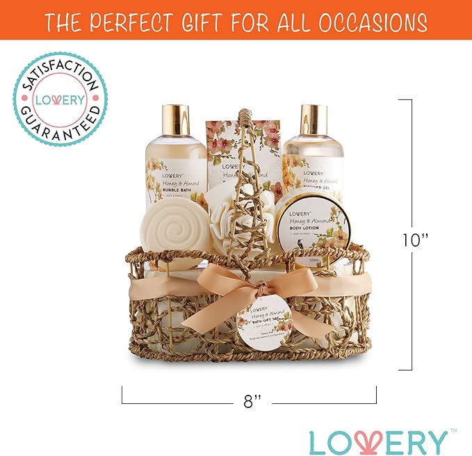 Womens Gifts, Gift Baskets for Women Who Have Everything, Home Spa Honey & Almond Scent, Luxury Bath & Body Set - Shower Gel, Bubble Bath, Body Lotion, Salts, Bath Bomb, Bath Puff & Handmade Basket