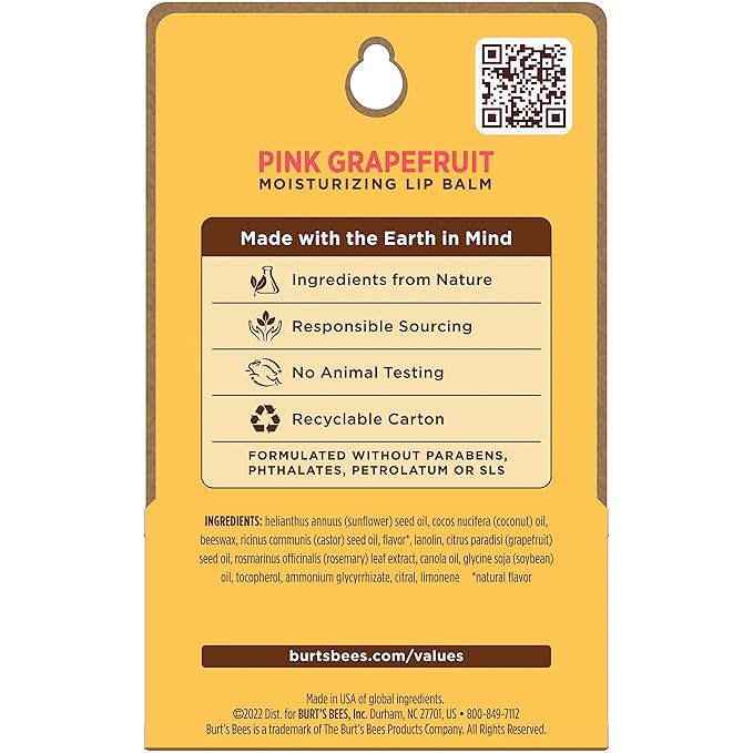 Burt's Bees Lip Balm - Pink Grapefruit, Lip Moisturizer With Responsibly Sourced Beeswax, Tint-Free, Natural Origin Conditioning Treatment, 2 Tubes, 0.15 oz.