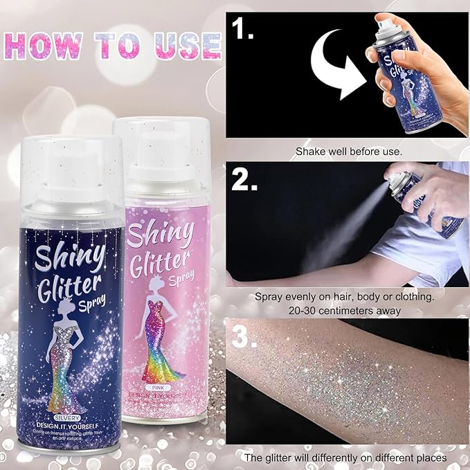 Hair and Body Glitter Spray,Long Lasting Quick-Drying Shimmer Mist for Music Festival Revelry, Nightclub Parties and Balls,Hairspray for Clothes, Face Glitter Spray 4.22 Fl Oz (Silver and Pink)