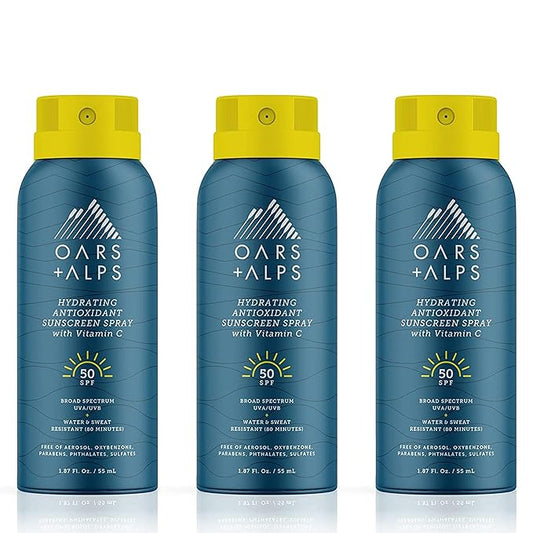 Oars + Alps Hydrating SPF 50 Sunscreen Spray, Infused with Vitamin C and Antioxidants, Water and Sweat Resistant, TSA Friendly, 1.87 Oz Each, 3 Pack
