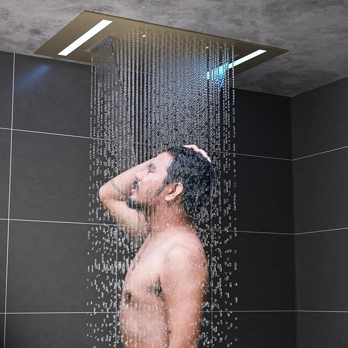 HOMEDEC 14x20" Luxury LED Shower Head with Lights, 3 Functions Rainfall Waterfall Mist, High-Pressure Ceiling Mount Showerhead, Brushed Gold