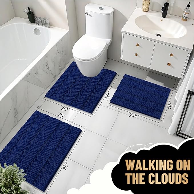 OLANLY Thick Bathroom Rugs 70x24, Extra Soft Absorbent Chenille Striped Bath Rugs, Rubber Backing, Machine Wash Dry, Bath Mats for Bathroom Floor, Tub and Shower, Home Decor Accessories, Navy