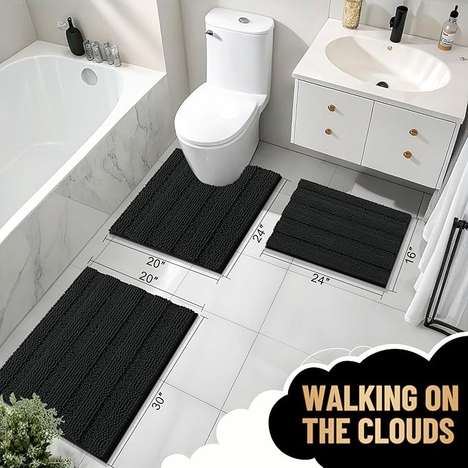 OLANLY Thick Bathroom Rugs 70x24, Extra Soft Absorbent Chenille Striped Bath Rugs, Rubber Backing, Machine Wash Dry, Bath Mats for Bathroom Floor, Tub and Shower, Home Decor Accessories, Black
