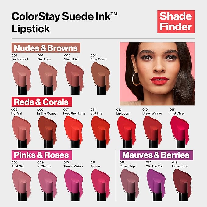 REVLON Lipstick, ColorStay Suede Ink, Built-in Primer, Infused with Vitamin E, Waterproof, Smudge-proof, Matte Color, 009 In Charge, 0.09 oz.