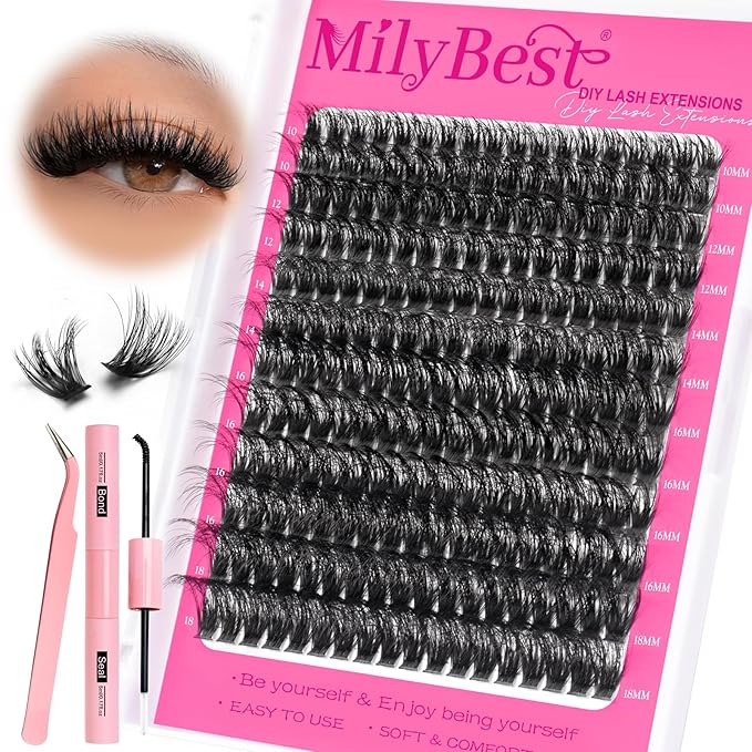 MilyBest Lash Clusters Kit 80D Fluff Cluster Eyelash Extensions 10-18mm Individual Lashes Clusters D Curl Lash Extension Kit, Waterproof Thick Volume Eyelash Clusters with Bond & Seal, Tweezers