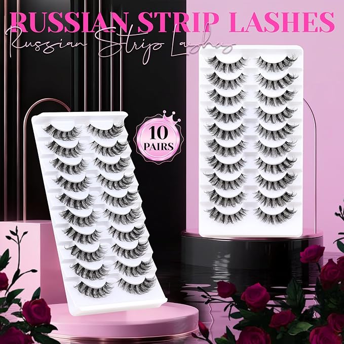 Veleasha Russian Strip Lashes with Clear Band Looks Like Eyelash Extensions D Curl Lash Strips 10 Pairs Pack (DT11)