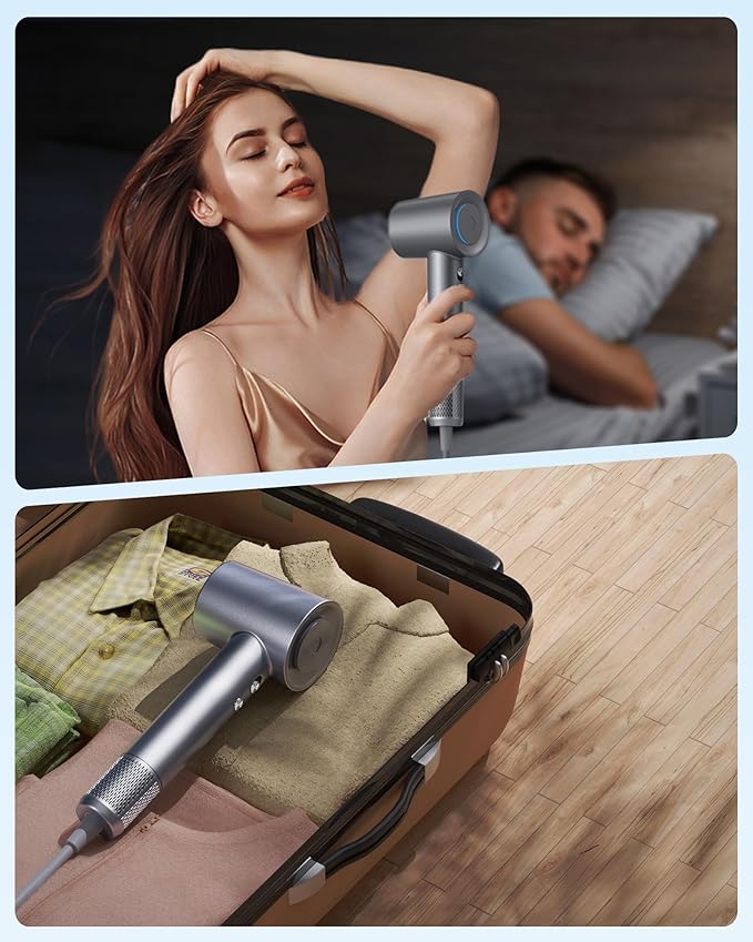 Hair Dryer, zhiyangfei Negative Ion Blow Dryer, 110, 000 RPM Brushless Motor, 3 Heat Settings, 360° Rotating Magnetic Nozzle, High-Speed Low Noise Hair Dryer for Home and Trave (Silver Blue)