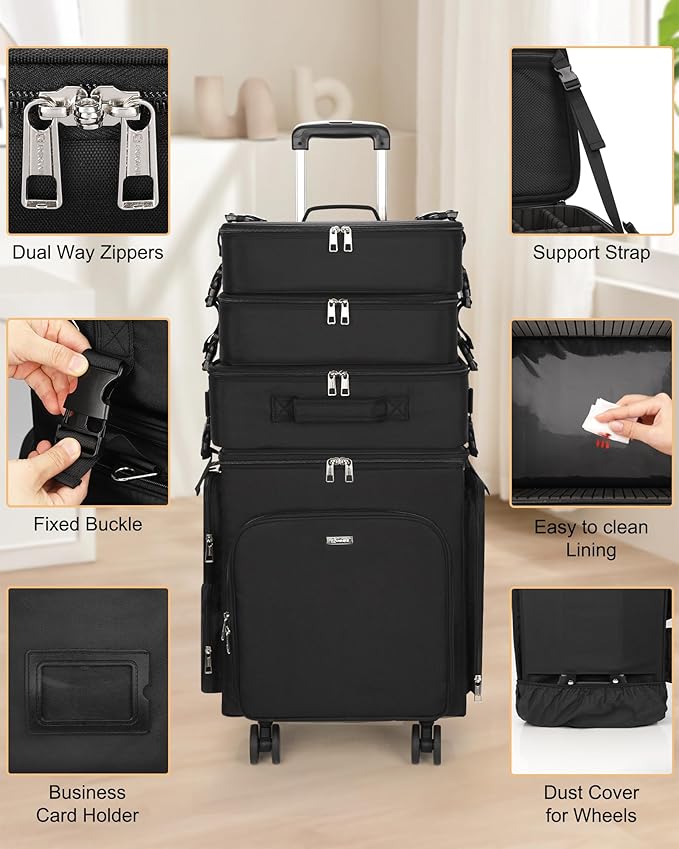 Relavel Rolling Makeup Case, 4 in 1 Hairstylist Traveling Bag with Clear Makeup Brush Case, Cosmetology Case on Wheels Large Hair Tools Cosmetics Train Case Makeup Artist Storage Organizer Trolley