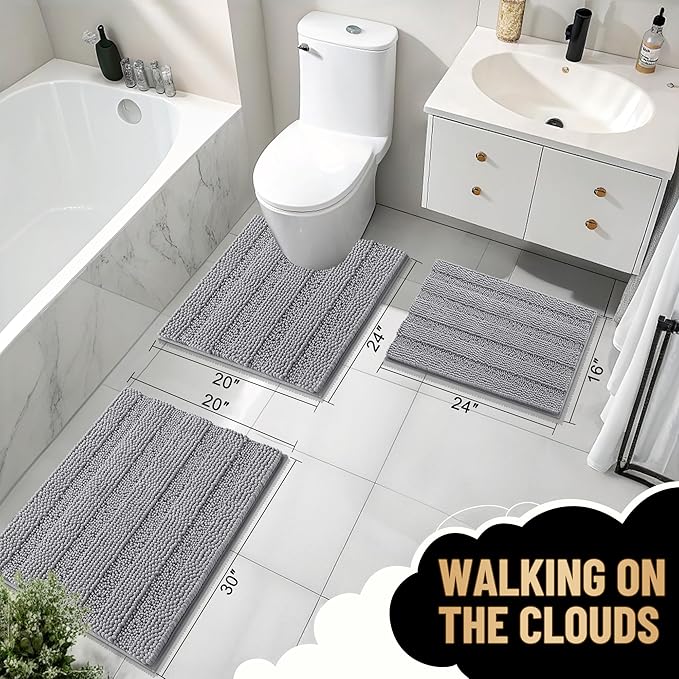 OLANLY Thick Bathroom Rugs 47x20, Extra Soft Absorbent Chenille Striped Bath Rugs, Rubber Backing, Machine Wash Dry, Bath Mats for Bathroom Floor, Tub and Shower, Home Decor Accessories, Grey