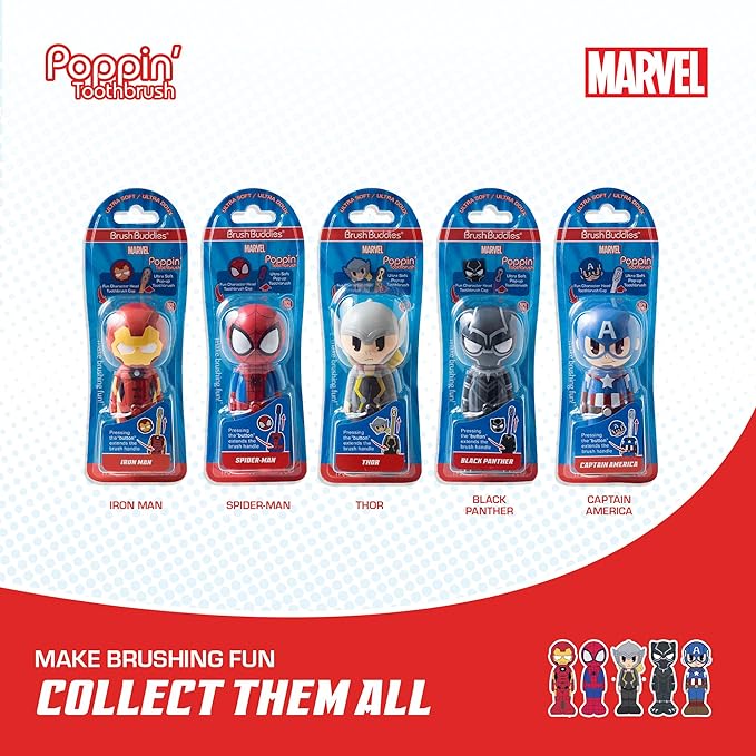 Brush Buddies Marvel Black Panther Kids Toothbrush, Soft & Rounded Bristles, Poppin' Fun Superhero Toothbrush