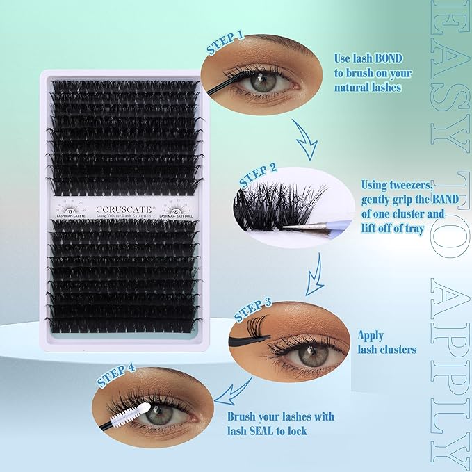 CORUSCATE Lash Clusters 120D+150D Thick Eyelash Clusters 14-20mm Long Cluster Eyelash Extensions 288pcs Individual Lashes Cluster DIY Eyelashes Mink Strips Volume Lash Extension