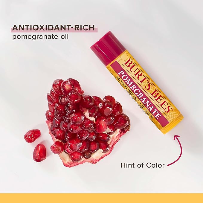 Burt's Bees Lip Balm - Pomegranate, Lip Moisturizer With Responsibly Sourced Beeswax, Tint-Free, Natural Origin Conditioning Treatment, 4 Tubes, 0.15 oz.