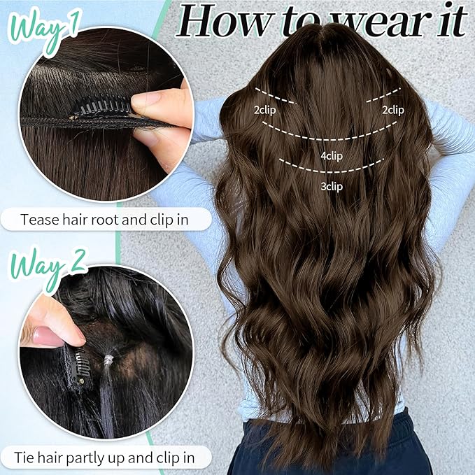 KooKaStyle Clip in Synthetic Hair Extensions Long Wavy 4PCS Thick Hairpieces Dark Chocolate Brown Fiber Double Weft Natural Hair Extensions 20 Inch for Women