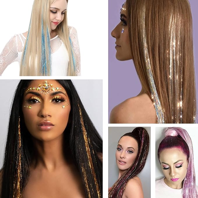 Hair Tinsel Kit, 18 Colors 48 Inches, Fairy Hair Tinsel Hair Extensions Heat Resistant with Tools, Hair Accessories for Women Girls 7200 Strands (Hair Tinsel Kit, 18 Colors)