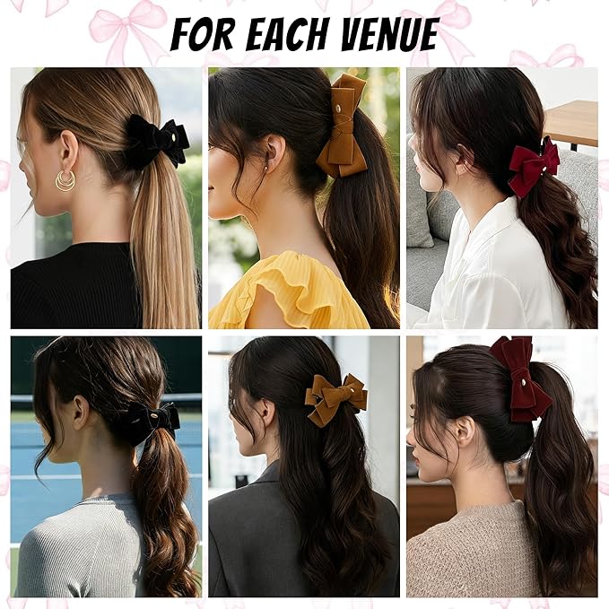 3 Pack Velvet Bow Banana Clips for Hair, Large French Hair Claw Clips for Women Thick Hair, Non-Slip Strong Hold Ponytail Holder, Elegant Ribbon Jaw Clips Accessories (Black, Burgundy, Camel)
