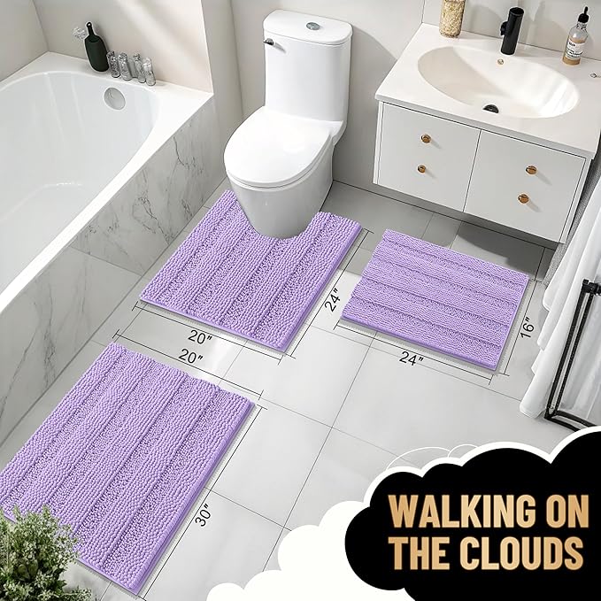 OLANLY Thick Bathroom Rugs 30x20, Extra Soft Absorbent Chenille Striped Bath Rugs, Rubber Backing, Machine Wash Dry, Bath Mats for Bathroom Floor, Tub and Shower, Home Decor Accessories, Lavender