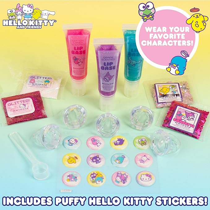 Horizon Group USA Sanrio Hello Kitty and Friends Shimmer Lip Gloss Making Kit, Makes 5 Hello Kitty Glitter Lip Gloss Rings, DIY Hello Kitty Lip Gloss Kit, Great Birthday Gift for Ages 6+