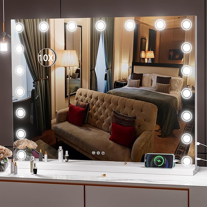 Hasipu Vanity Mirror with Lights, 40" x 32" Makeup Mirror, Light up Mirror with 19 Dimmable LED Lights and 10X Magnification, 3 Colors Modes, Touch Control, USB Charging Port, White