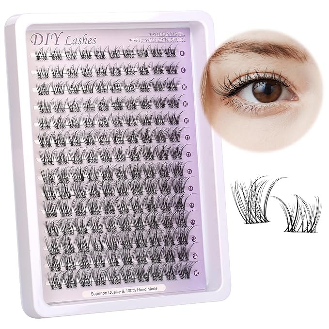 Natural Lash Clusters Kit Wispy Lash Invisible Lash Band Cluster Eyelash Extensions Kit 8-16mm Individual Lashes Extension DIY D Curl Eyelash with Waterproof Clear Lash Band Clusters