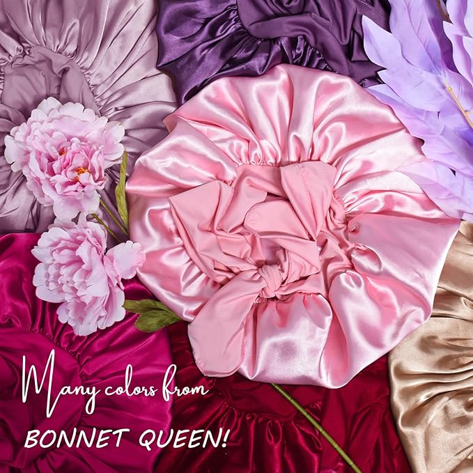 BONNET QUEEN Silk Bonnet for Sleeping Women Big Satin Bonnet Night Sleep Cap Wrap for Curly Hair with Adjustable Tie Band, Single Layer, Large, Hot Pink