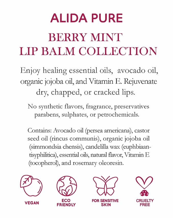 ALIDA PURE Berry Mint Lip Balm Collection, Vegan Set, Bees Wax Free, Coconut Oil Free, with Organic Jojoba and Avocado Oil, Vitamin E, Natural Moisturizer For Dry Cracked Lips, 3 Tube Set