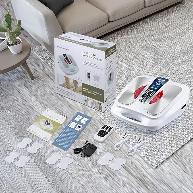 EMS Foot Massager with Heat,TENS Electronic Muscle Circulation Stimulator with 4 Electrode Pads for Neuropathy,Relieves Swelling, Fatigue, Plantar Fasciitis-Silent Operation ((White)