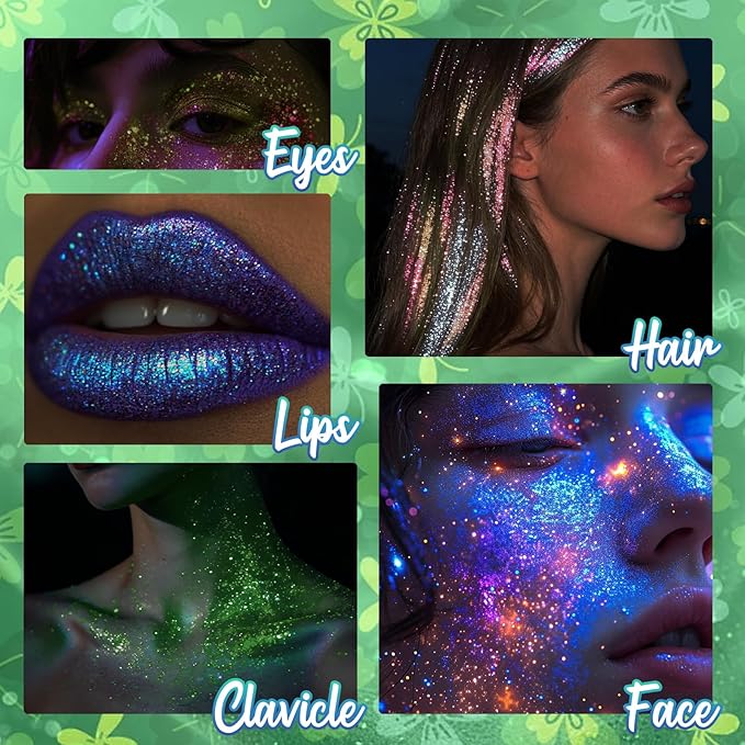 Green Rolling Glitter for Face Body & Hair, Roll-on Sequins for St. Patrick's Day, Sparkling Accessories for Christmas Concert Rave Festival Halloween Party Mardi Gras Carnival, 1.35fl.oz