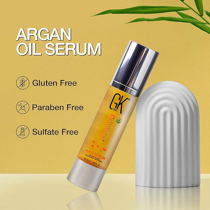 GK HAIR Global Keratin 100% Organic Argan Oil Anti Frizz Hair Serum (1.69 Fl Oz/50ml) Styling Smoothing Strengthening Hydrating & Nourishing Heat Protection Shine Frizz Control Dry Damage Hair Repair