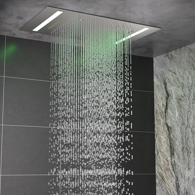 HOMEDEC 14x20" LED Ceiling Shower Head with Rainfall Waterfall Mist Spray, 3 Modes Can Operate Simultaneously or Independently, Brushed Nickel