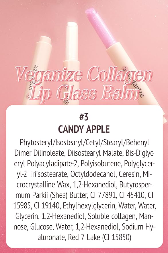 SELF BEAUTY Veganize Collagen Lip Glass Balm | Hydrating Lip Balm in 9 Vibrant Colors | Moisturizing Lip Care Infused with Collagen Jelly Magic | No Animal Trial Lip Balm 0.06 oz (#3 Candy Apple)