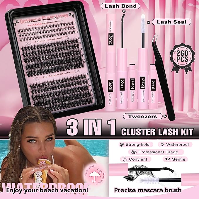 Wispy Lash Clusters Kit Cluster Eyelash Extensions Natural Lash Extension Kit C Curl Fluffy Individual Eyelashes with Bottom Lashes Clusters Waterproof Bond and Seal DIY at Home