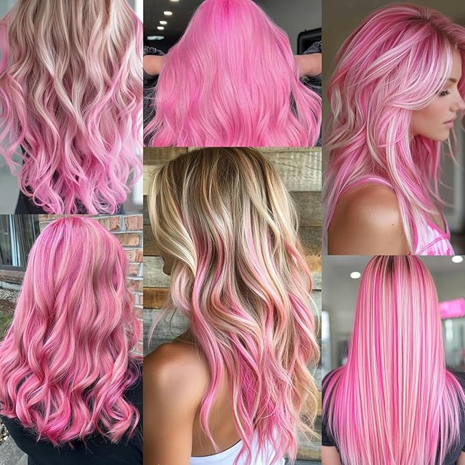 Colored Pink Hair Extensions 14 PCS, 22 In Colorful Clip in Hair Extensions Party Highlights, Dream Rainbow Long Straight Synthetic Hairpieces for Women Cosplay Gift(Pink)