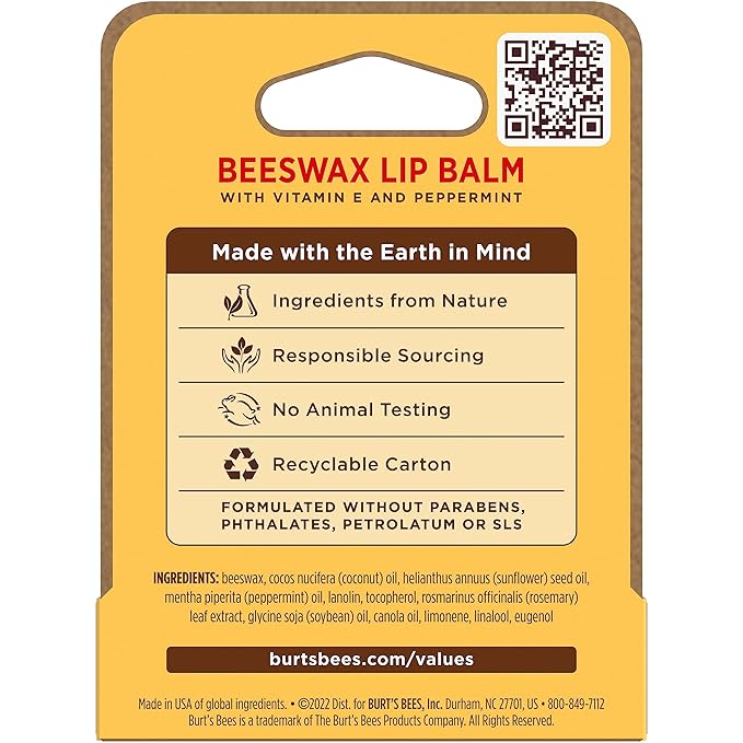 Burt's Bees Lip Balm, Lip Moisturizer With Responsibly Sourced Beeswax, with Vitamin E & Peppermint Oil, Natural Origin Moisturizing Care, 1 Tube, 0.15 oz.