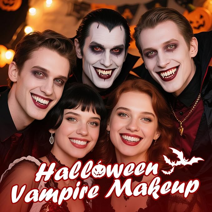 Halloween Vampire SFX Makeup Kit, Complete Makeup Set Include White Liquid Foundation, Vampire Teeth Fangs, Fake Blood, Setting Powder, Eyeshadow & Black Lipstick for Cosplay, Carnival