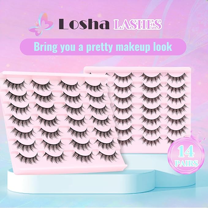 Losha Lashes Spiky Manga Lashes 14 Pairs Wet Look Anime False Eyelashes Wispy Asian Strip Lashes Pack Soft Reusable Fake Eyelashes (Spiky)