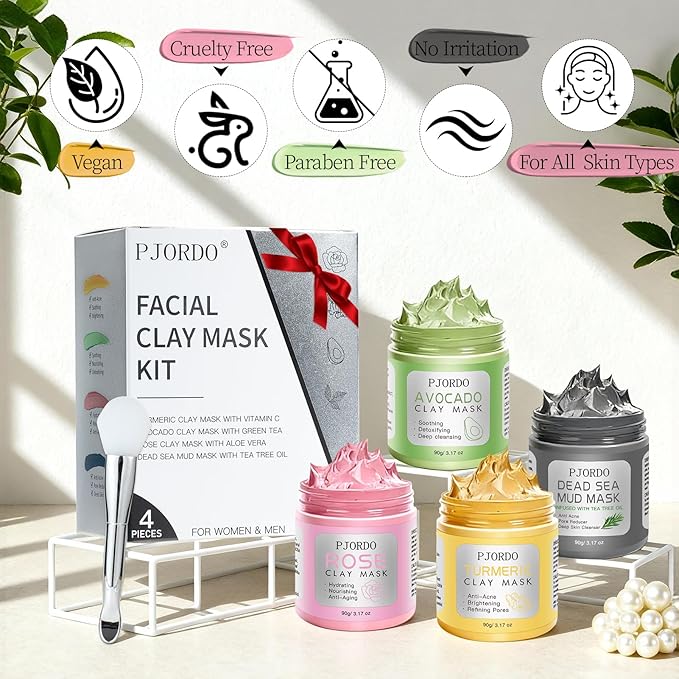 Pjordo 4 Pcs Clay Mask for Face(360g in total), Turmeric Vitamin C, Dead Sea Mud,Green Tea, Avocado, Rose, Facial Clay Mask Set, Face Mask Skin Care, Valentine's Day Gifts Set for Her, 3.17 Oz Each