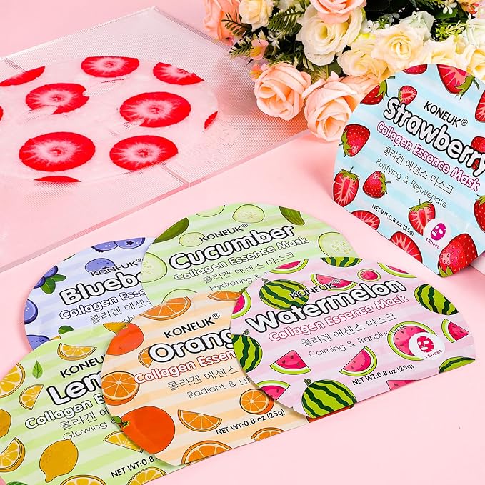 KONEUK 6 Pack Colorful Fruit Face Masks Skincare, Sheet Hydrating Face Mask, Collagen Facial Mask for Skin Care, Valentines Day Gifts for Her, Bulk Mothers Day Gifts and Spa Party Gifts