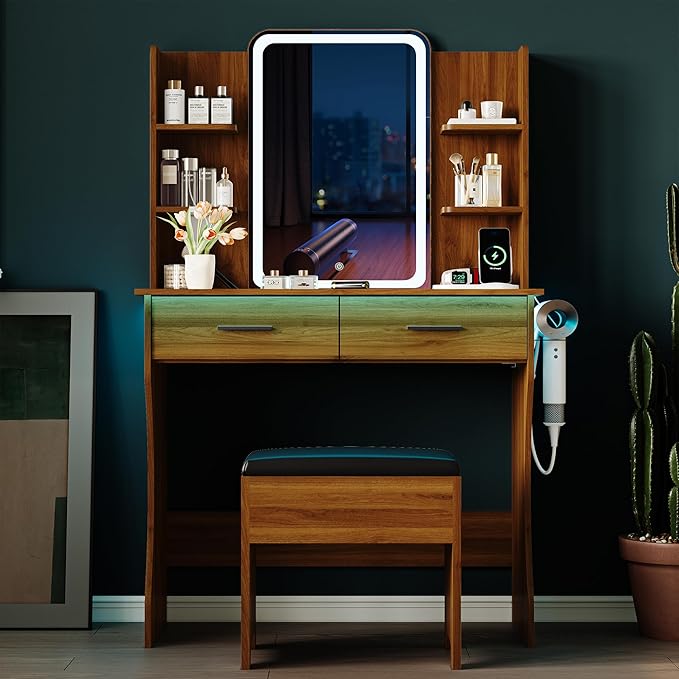 Vanity Desk with LED Lights Mirror & Power Outlet, Small Makeup Vanity Table Set with Storage Drawers & Chair, 3 Lighting Modes & Adjustable Brightness, Dressing Table for Women Girls Bedroom, Walnut